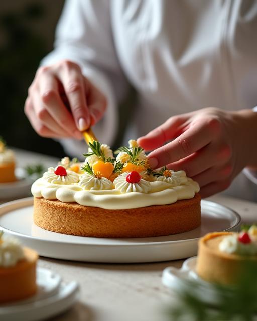 Mani di un pasticcere che decorano finemente una torta.